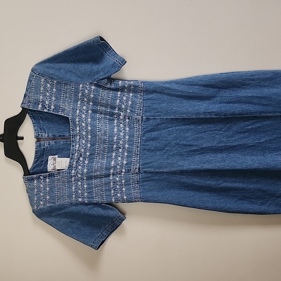 Nina Piccalino vintage embroidered square neck denim dress tie back, made in USA - Picture 2 of 9
